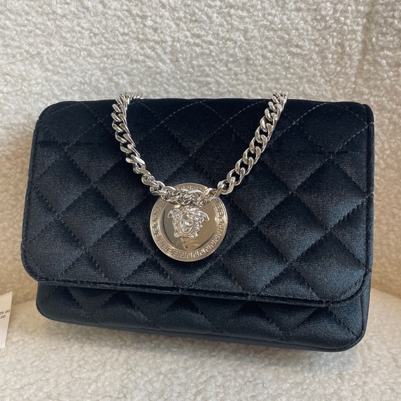 VERSACE Calfskin Nylon Quilted Medusa Chain Crossbody Black - Picture 2 of 8